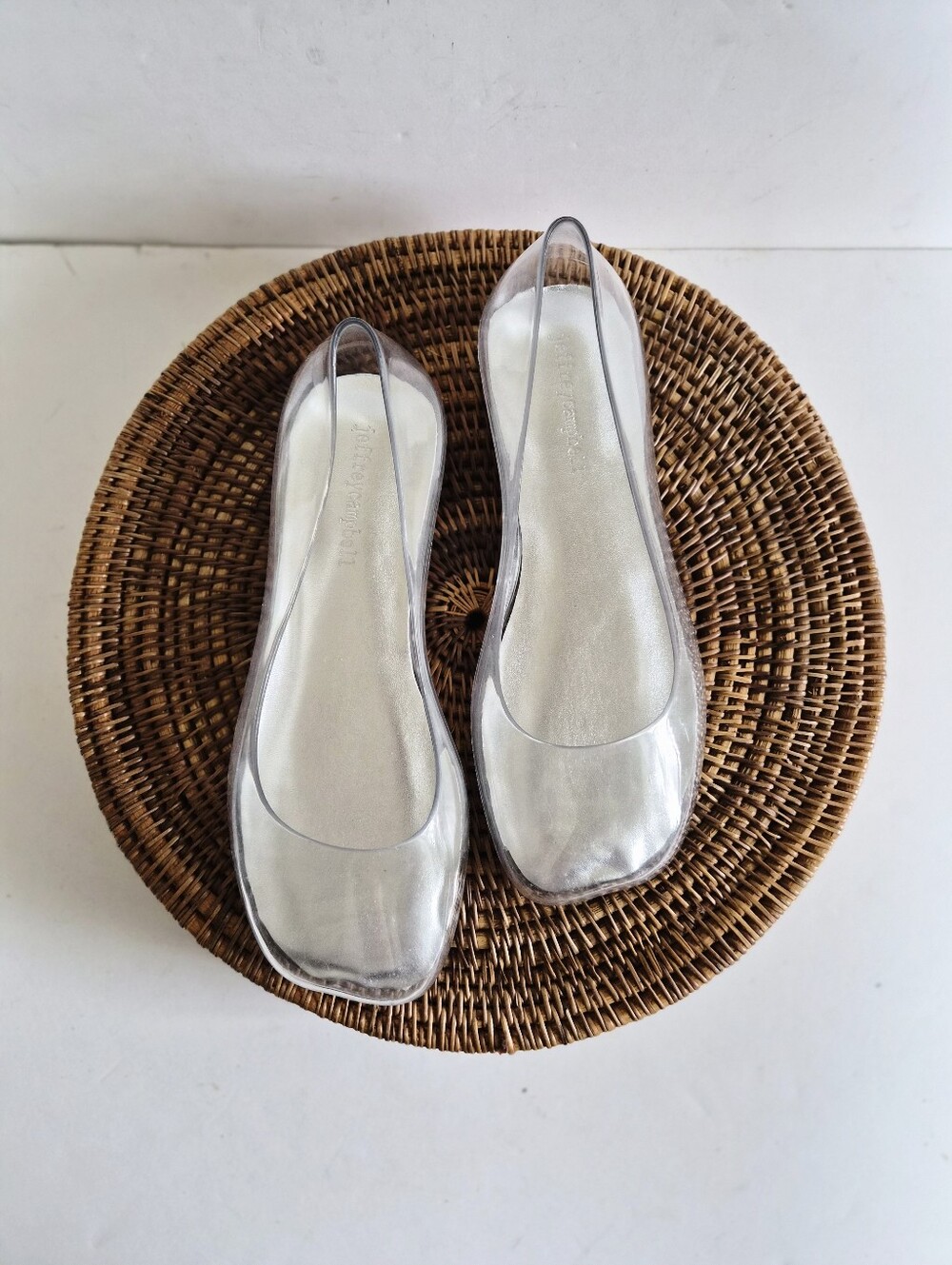 Jeffrey Campbell Balanced Clear Jelly Flats Silver Metallic Square Toe Size 6 EU